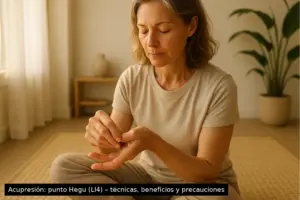 Una mujer aplicándose una técnica de acupresión a sí misma.
